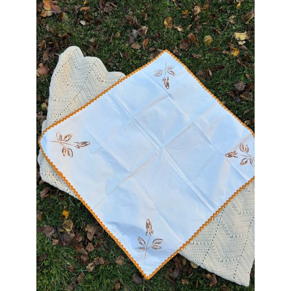 Vintage Floral Yellow Brown Small Tablecloth With Trim Square 34x34” Cottagecore